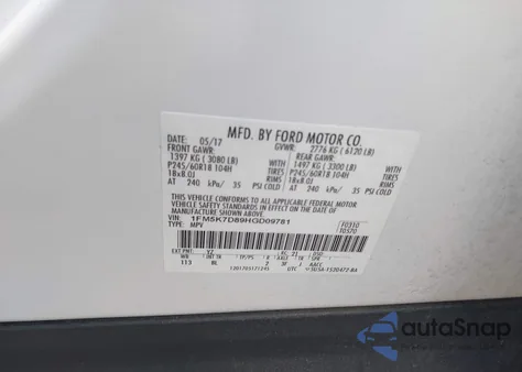 2017 Ford Explorer Xlt из США, поврежденный, VIN 1FM5K7D89HGD09781